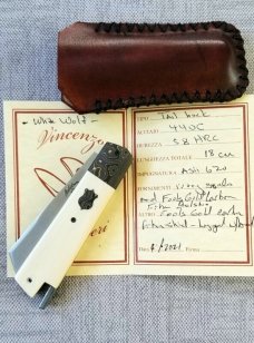 Vincenzo Balistreri Elephant Ivory White Wolf Taillock,4" closed..440C..Fools Gold bolsters & shield
