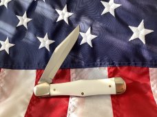 1992 Queen Cutlery Large Single Blade Folding Hunter w/ White Derlin Handles -NOS & Nice