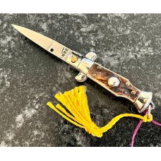 Miniature Switchblade Knife, Made In Italy, Marked INOX, Older Style, Sweet Stag Handle, W/Tassel