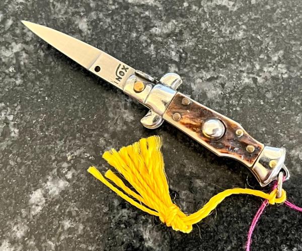 Miniature Switchblade Knife, Made In Italy, Marked INOX, Older Style, Sweet Stag Handle, W/Tassel 