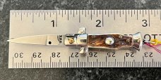 Miniature Switchblade Knife, Made In Italy, Marked INOX, Older Style, Sweet Stag Handle, W/Tassel 