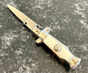 Miniature Switchblade Knife, Made In Italy, Vertical INOX, Older Style, Mother Of Pearl Handle
