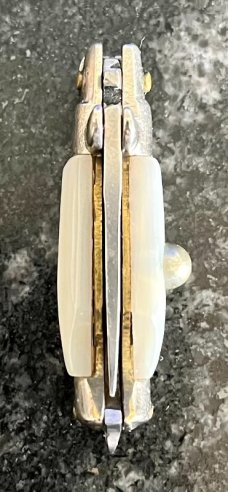 Miniature Switchblade Knife, Made In Italy, Vertical INOX, Older Style, Mother Of Pearl Handle 