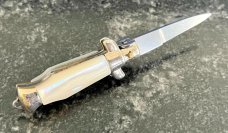 Miniature Switchblade Knife, Made In Italy, Vertical INOX, Older Style, Mother Of Pearl Handle 