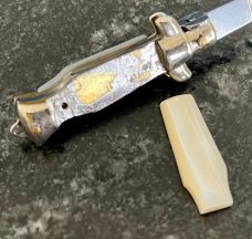 Miniature Switchblade Knife, Made In Italy, Vertical INOX, Older Style, Mother Of Pearl Handle 