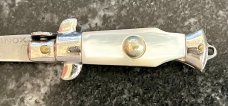 Miniature Switchblade Knife, Made In Italy, Vertical INOX, Older Style, Mother Of Pearl Handle 