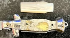 Miniature Switchblade Knife, Made In Italy, Vertical INOX, Older Style, Mother Of Pearl Handle 