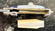 Miniature Switchblade Knife, Made In Italy, Vertical INOX, Older Style, Mother Of Pearl Handle 