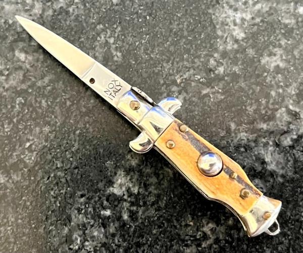 Miniature Switchblade Knife, Made In Italy, Old INOX over ITALY Mark, Older Style, Stag Handle Miniature Switchblade Knife, Made In Italy, Old INOX over ITALY Mark, Older Style, Stag Handle