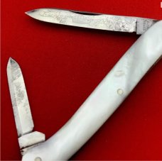 Vintage EMPIRE WINSTED CT 2-Blade Serpentine Pen Folding Pocket Knife c.1856-1930 Blade Etch MOP
