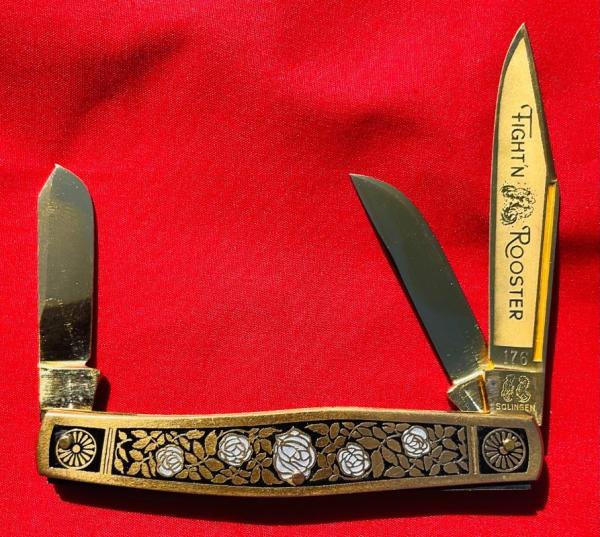 Fight’n Rooster Gold Plated 3-Blade Premium Stock Pocket Knife “White Roses” #176 of 400 MINT