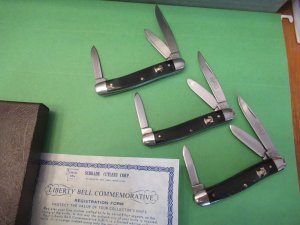 Schrade Cutlery Co. Three Knives Liberty Bell Commemorative Black Delrin Stockman Model # LB-1