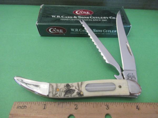 Case XX Bone Handle Fish Knife with Fishing Scene Etch in Handle Pattern # Error 320094F SS Case XX Bone Handle Fish Knife with Fishing Scene Etch in Handle Pattern # Error 320094F SS