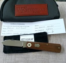 Willem Steenkamp Modern Spear Barlow..3.5" ..Rwl34..green canvas micarta scales coa..slip and pouch