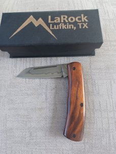 LaRock Custom Native Knife, Desert  ironwood scales, screws no pins, 4" closed w/Hamon, W2, boxed
