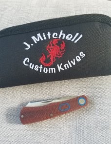 Jeffrey  Mitchell  Native,Vintage Canvas Micarta..Blue pivot collar & skeleton shield.,CPM-154, 3.75
