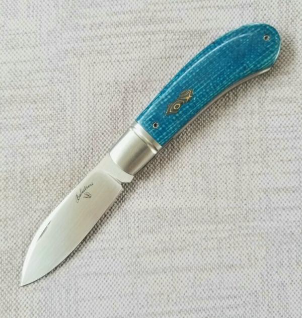 Vincenzo Balistreri Mini Zulu..3 5/8"..440C..Blue Burlap micarta, red liners..Fluted..coa/ slip 
