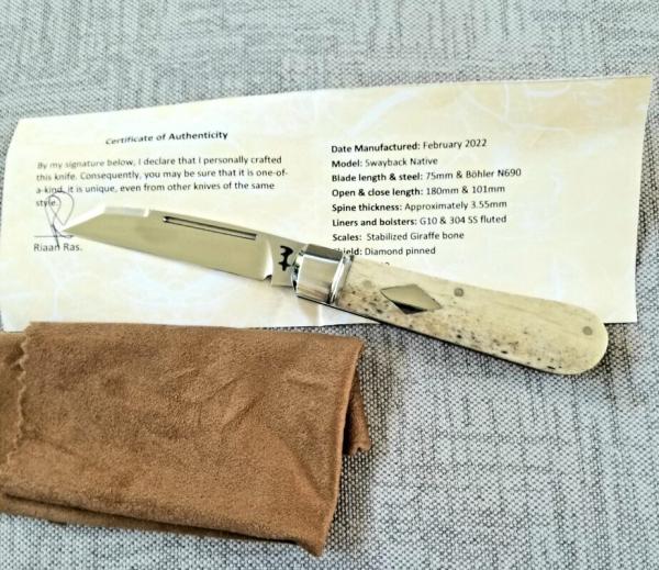Riaan Ras Swayback Native..Giraffe Bone..N690..red G10 accents..4" clsd..long pull..coa...SALE Riaan Ras Swayback Native..Giraffe Bone..N690..red G10 accents..4" clsd..long pull..coa...SALE