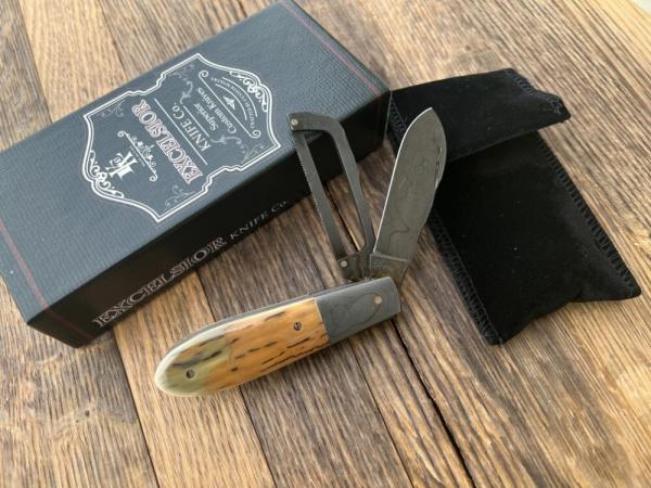 EXCELSIOR KNIFE CO. BARK MAMMOTH IVORY DAMASCUS GAME SCOUT KNIFE ** ONLY 5 MADE**