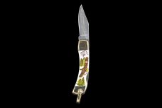 Scrimshaw Soaring Eagle Design Colored Scrimshaw Collection Small Pocket Knife.  Etched, Bovine Bone