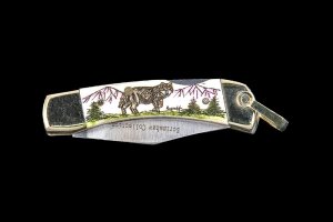Scrimshaw Wolf Design Colored Scrimshaw Collection Small Pocket Knife Etched, Bovine Bone