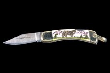 Scrimshaw Wolf Design Colored Scrimshaw Collection Small Pocket Knife Etched, Bovine Bone