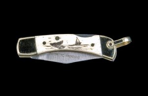 Scrimshaw Ship and Whale Design Scrimshaw Collection Small Pocket Knife, Bovine Bone