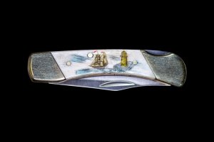 Etched Ship and Light Colored Design Scrimshaw Collection Medium Pocket Knife Bovine Bone