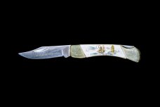 Etched Ship and Light Colored Design Scrimshaw Collection Medium Pocket Knife  Bovine Bone