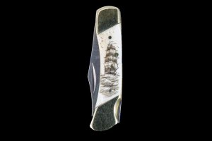Scrimshaw Tall Ship Black Ink Design Scrimshaw Collection Medium Pocket Knife Bovine Bone