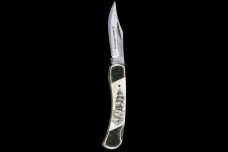 Scrimshaw Tall Ship Black Ink Design Scrimshaw Collection Medium Pocket Knife   Bovine Bone