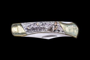 Etched Dog Sled Design Colored Ink Scrimshaw Collection on Bovine Bone Large Pocket Knife