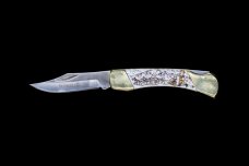 Etched Dog Sled Design Colored Ink Scrimshaw Collection on Bovine Bone Large Pocket Knife