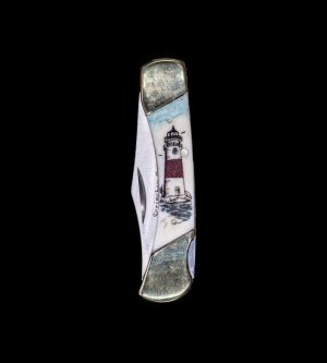 Scrimshaw Colored Lighthouse Design Scrimshaw Collection Medium Pocket Knife on Bovine Bone