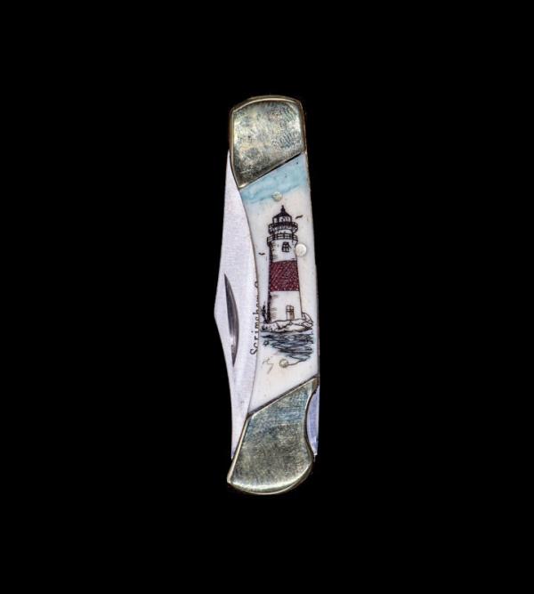 Scrimshaw Colored Lighthouse Design Scrimshaw Collection Medium Pocket Knife on Bovine Bone