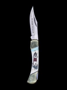 Scrimshaw Colored Lighthouse Design Scrimshaw Collection Medium Pocket Knife on Bovine Bone