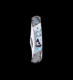 Scrimshaw Lighthouse Design Colored Scrimshaw Collection on Bovine Bone Medium Pocket Knife