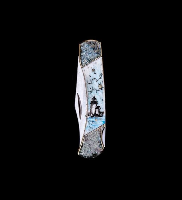 Scrimshaw Lighthouse Design Colored Scrimshaw Collection on Bovine Bone Medium Pocket Knife