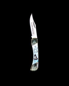 Scrimshaw Lighthouse Design Colored Scrimshaw Collection on Bovine Bone Medium Pocket Knife