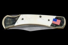 Scrimshaw Lighthouse Design Colored Scrimshaw Collection on Bovine Bone Medium Pocket Knife