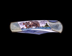 Scrimshaw Colored Bear Design Scrimshaw Collection Medium Pocket Knife on Bovine Bone