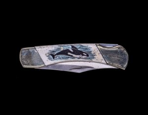 Scrimshaw Ship and Lighthouse Design Colored Scrimshaw Collection on Bovine Bone Medium Pocket Knife