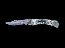 Scrimshaw Ship and Lighthouse Design Colored Scrimshaw Collection on Bovine Bone Medium Pocket Knife