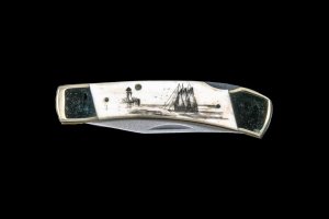 Classic Scrimshaw Ship and Lighthouse Design Black Ink Scrimshaw Collection Large Bovine Bone Handle