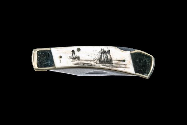 Classic Scrimshaw Ship and Lighthouse Design Black Ink Scrimshaw Collection Large Bovine Bone Handle