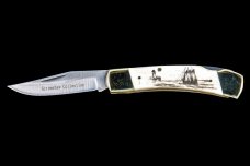 Classic Scrimshaw Ship and Lighthouse Design Black Ink Scrimshaw Collection Large Bovine Bone Handle