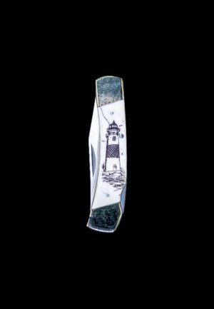 Hand Etched Lighthouse Design Scrimshaw Collection on Bovine Bone Large Pocket Knife