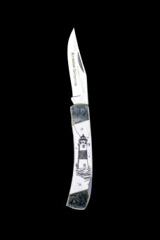 Hand Etched Lighthouse Design Scrimshaw Collection on Bovine Bone Large Pocket Knife