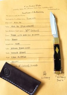 K'roo Custom Native Knife, NEW,W/ slip, 4"..African Blackwood and Brass..rwl34. Filework 