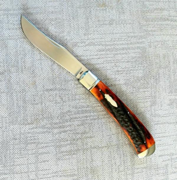 Tobin Hill Amber cured Sambar Stag..4.5" closed..Cpm154..fluted bolsters..end caps and filework 